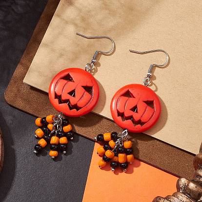 Synthetic Turquoise Pumpkin Dangle Earrings with Seed Beaded, 316 Surgical Stainless Steel Jewelry for Halloween