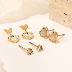 Conjuntos de aretes de corazón de concha, 304 joyas de acero inoxidable con diamantes de imitación para mujer
