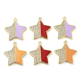 Brass Micro Pave Clear Cubic Zirconia Pendants, with Enamel, Real 18K Gold Plated, Star Charms
