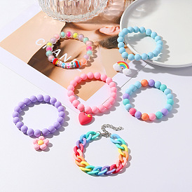 Bohemian Rainbow Heart Acrylic Chain Beaded Flower Bracelet for Women