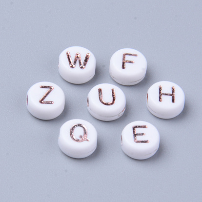 Opaque White Acrylic Beads, Metal Enlaced, Horizontal Hole, Flat Round with Random Letters