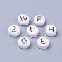 Opaque White Acrylic Beads, Metal Enlaced, Horizontal Hole, Flat Round with Random Letters