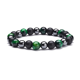 Bracelets extensibles en perles de pierre rondes, Bracelet pour femme en oeil de tigre naturel, pierre noire synthétique et perles d'hématite