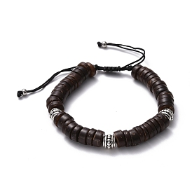 Bracelet de perles de noix de coco beignet tressé pour hommes femmes, bracelet réglable perles alliage d'argent tibétain