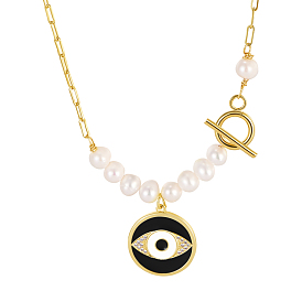 Collier avec pendentif, avec émail et perles de perles naturelles, rond et plat avec des mauvais œil