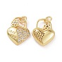 Brass Micro Pave Clear Cubic Zirconia Pendants, with Jump Rings, Heart Lock with Flower Key