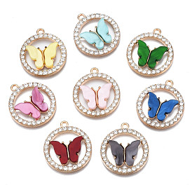 Alloy Rhinestone Pendants, with Acrylic, Cadmium Free & Lead Free, Ring with Butterfly, Light Gold
