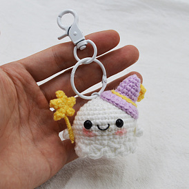 Wool Knitted Ghost with Star Magic Wand Pendant Decoration, with Swivel Clasp