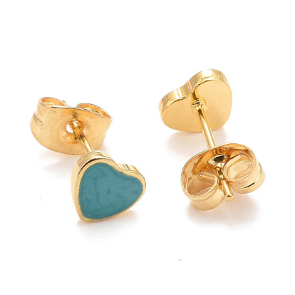 304 Stainless Steel Enamel Stud Earrings, with 316 Surgical Stainless Steel Pin, Golden, Heart
