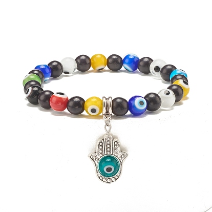 Bracelet extensible en perles rondes en turquoise synthétique (teint) et lampadaire mauvais œil avec breloque main hamsa pour femmes