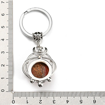 Porte-clés pendentif en pierres précieuses, plat rond, avec les accessoires en laiton, argent antique et platine