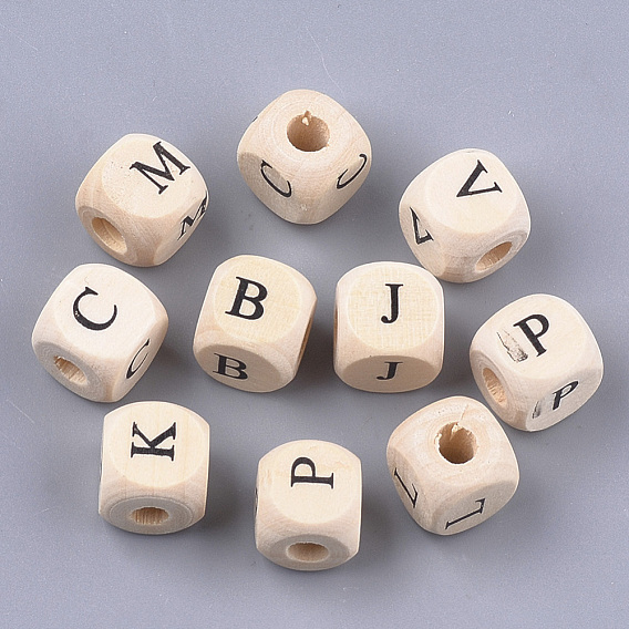 Natural Wooden European Beads, Horizontal Hole, Large Hole Beads, Undyed, Cube with Letter