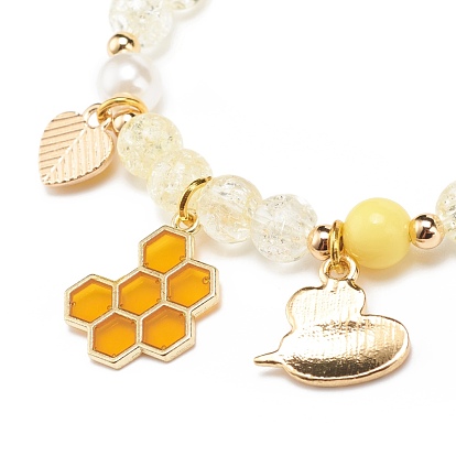 Эластичный браслет из акрила с искусственным жемчугом, сплав эмали пчела сердце прелести браслет для женщин