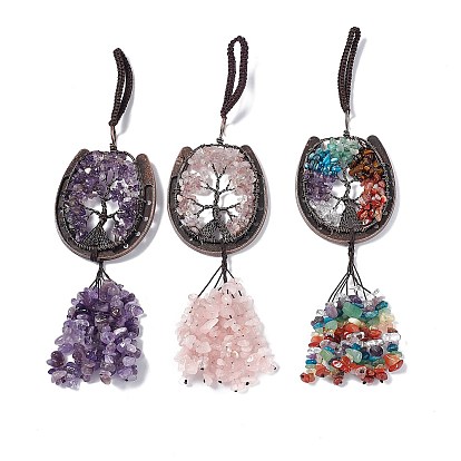 Gemstone Chip Tree of Life Pendants Decoration, Brass Horse Shose Tassel Gems Hanging Ornaments