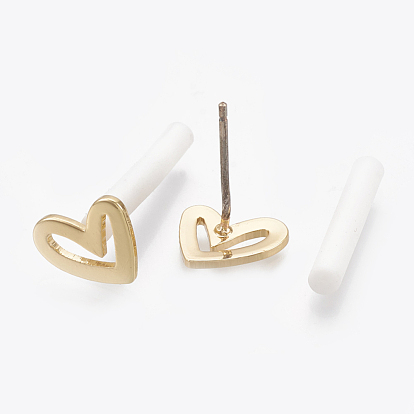 Brass Stud Earrings, Real 18K Gold Plated, with Raw(Unplated) Silver Pins and Plastic Protector, Heart