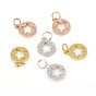 Brass Micro Pave Cubic Zirconia Charms, with Jump Rings, Flat Round with Star, Clear