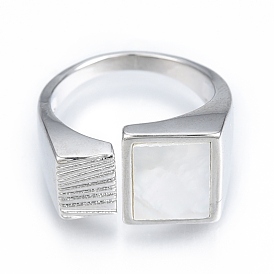 Anillo de puño abierto cuadrado de concha natural, anillo de sello grueso de latón para mujer, sin níquel