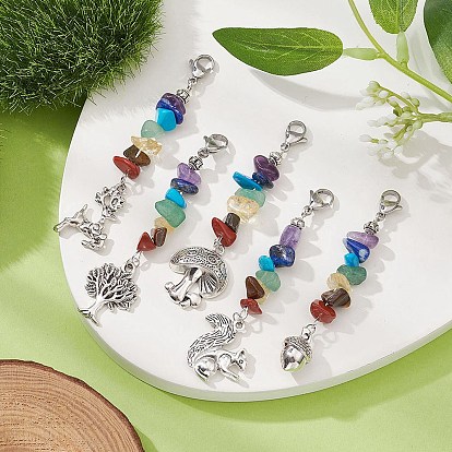 Autumn Theme Tibetan Style Alloy Pendants Decoration, 7 Chakra Gemstone Chips and 304 Stainless Steel Lobster Claw Clasps Charms, Mixed Shapes