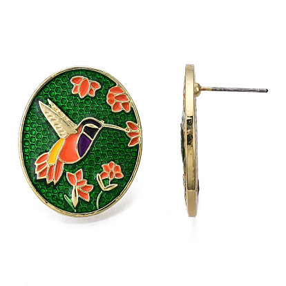 Enamel Hummingbird and Flower Stud Earrings, Alloy Jewelry for Women