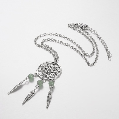 Iron Pendant Necklaces, with Alloy Leaf Findings and Natural Gemstones, 18.1 inch 