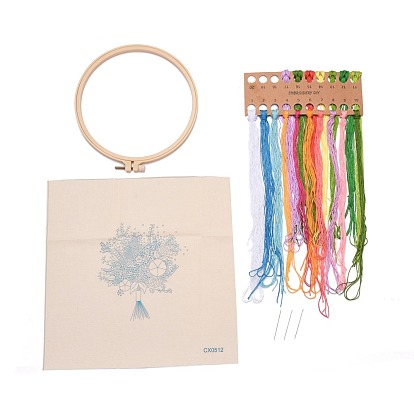 DIY Bouquet Pattern Embroidery Kit, Including Imitation Bamboo Frame, Iron Pins, Cloth, Colorful Threads