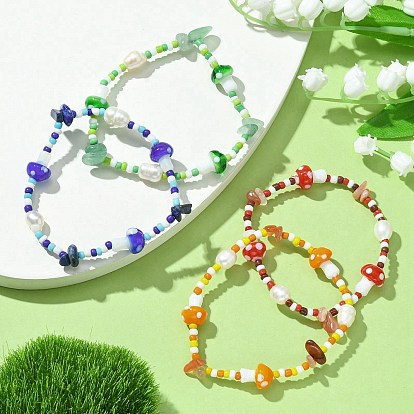 4 pcs 4 style chips de pierres précieuses naturelles et bracelets extensibles en perles de champignons au chalumeau, bracelets empilables