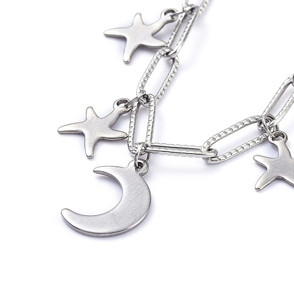 304 Stainless Steel Charm Bracelets, with Paperclip Chains, Lobster Claw Clasps and Brass Rhinestone Pendants, Moon & Star