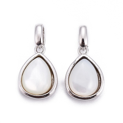 Natural White Shell Mother of Pearl Shell Charms, with Brass Findings, Teardrop