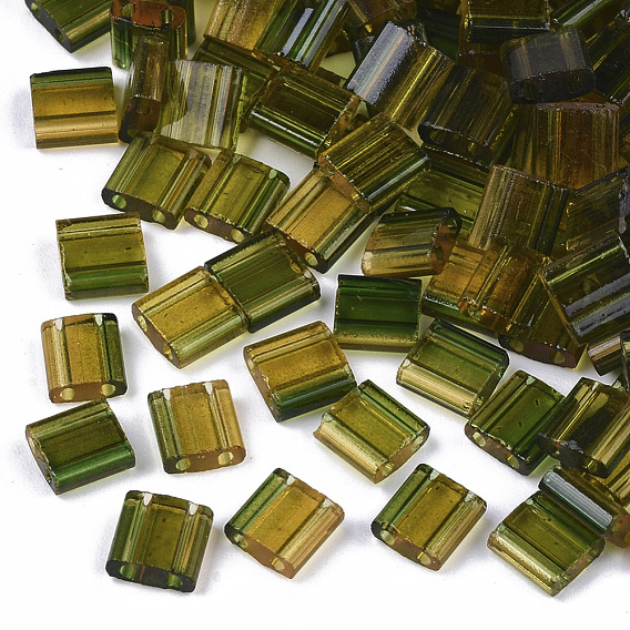 2-Hole Glass Seed Beads, Transparent Spray Painted, Two Tone, Rectangle