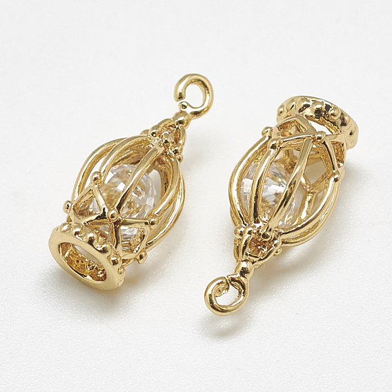 Brass Charms, with Cubic Zirconia, Hollow, Birdcage, Clear