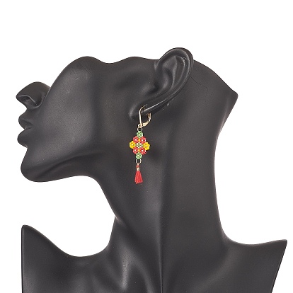 Glass Seed Braided Rhombus with Cotton Tassel Dangle Leverback Earrings, Golden 304 Stainless Steel Long Drop Earrings for Women