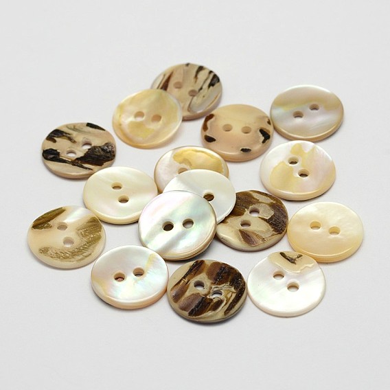 2-Hole Shell Flat Round Buttons, 13x2mm, Hole: 2mm, about 500pcs/bag