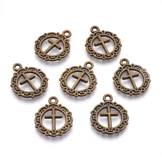 Tibetan Style Flat Round with Cross Alloy Pendants, Cadmium Free & Lead Free, 20x16x1mm, Hole: 2mm, about 1233pcs/1000g