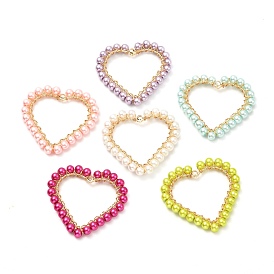 Cuisson de pendentifs ronds en perles de verre nacrées peintes, avec les accessoires en laiton, cœur