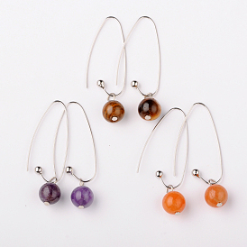 Natural Gemstone Round Bead Earrings, with Platinum Plated Brass Earring Hooks, 46mm, Pin: 0.5mm