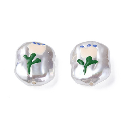 Cuentas de perlas de imitación de plástico abs, con esmalte, ovalada con flores