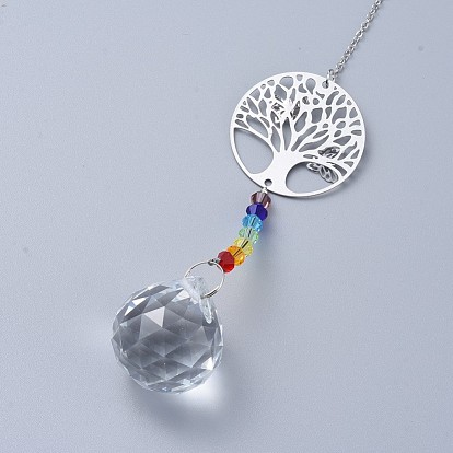 Cristal lustre suncatchers prismes chakra pendentif suspendu, avec des chaînes de câble de fer, perles de verre et pendentifs en laiton, flar rond avec arbre de vie et rond