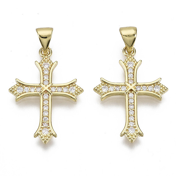 Brass Micro Pave Clear Cubic Zirconia Pendants, with Brass Snap on Bails, Nickel Free, Cross