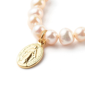 Oval with Virgin Mary & Natural Pearl Beads Pendant Necklaces, with Brass Cable Chain