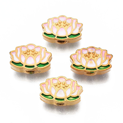 Rack Plating Alloy Enamel Beads, Cadmium Free & Lead Free, Matte Gold Color, Lotus