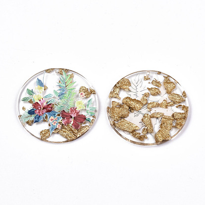 Pendentifs en résine époxy transparente, une feuille d'or, 3 j imprimé, plat et circulaire avec motif floral
