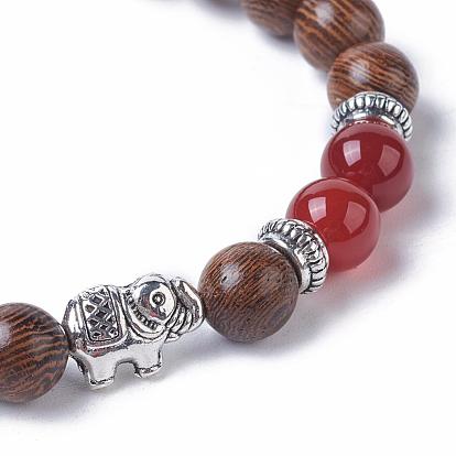 Окрашенные деревянные круглые бусины стрейч браслеты, штабелируемые браслеты, с натуральными и синтетическими драгоценными камнями / смолой, Бусины из слонов и проставок из сплава в тибетском стиле
