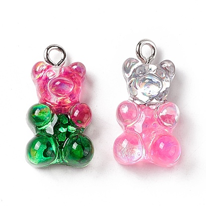 Transparent Resin Glitter Pendants, with Platinum Tone Alloy Loops, Two Tone, Bear