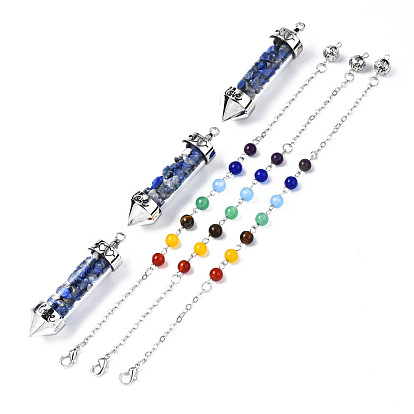 Natural & Synthetic Gemstone Pointed Dowsing Pendulums, with Glass Container and Platinum Alloy & Iron Findings, Bullet with LOVE