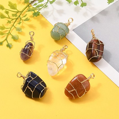 Natural Gemstone Pendants, Wire Wrapped Pendants, with Golden Plated Copper Wire, Nuggets