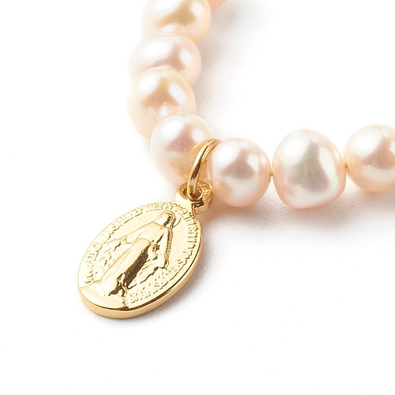 Oval with Virgin Mary & Natural Pearl Beads Pendant Necklaces, with Brass Cable Chain