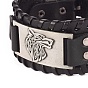 Full Grain Leather Cord Bracelets, with Alloy Link and Watch Band Clasps, Rectangle with Wolf Head