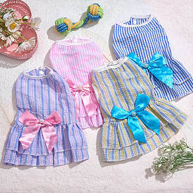 4Pcs Dog Summer Bowknot Dress, Puppy Cotton Skirt, Pet Clothes, for Small Dog Cat Puppy, Back Length About 300mm, Bust About 370mm