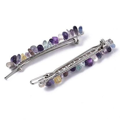 Platinum Plated Alloy French Hair Barrettes, with Natural Gemstone Chips, Cadmium Free & Lead Free