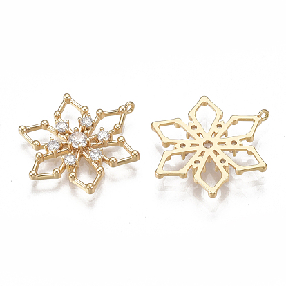 Brass Filigree Pendants, Nickel Free, Real 18K Gold Plated, with Cubic Zirconia, Snowflake, Clear